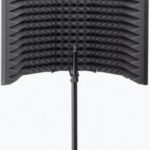 Curved black acoustic baffle panel mounted on a stand