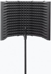 Curved black acoustic baffle panel mounted on a stand