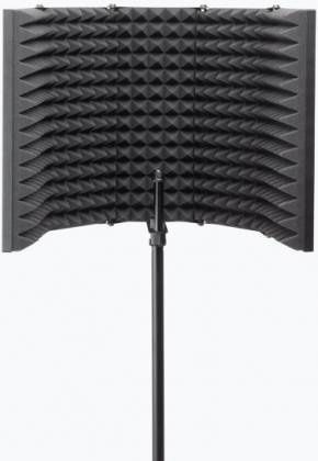 Curved black acoustic baffle panel mounted on a stand